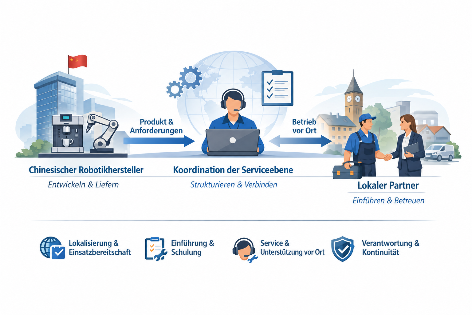 Ein chinesischer Robotikhersteller, die koordinierende Serviceebene und ein lokaler Partner, verbunden durch Produktanforderungen und den Betrieb vor Ort.