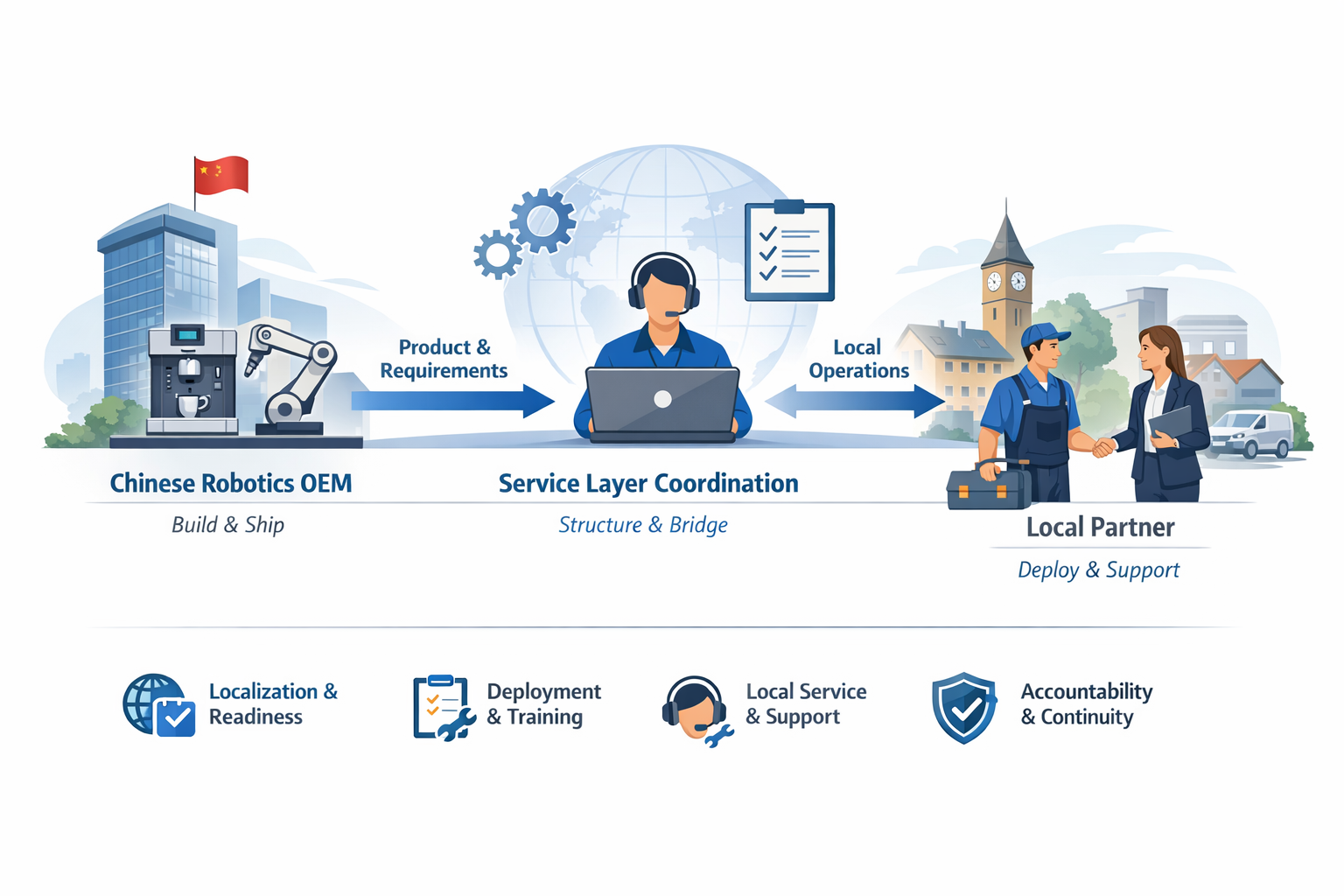 Diagram showing a Chinese robotics OEM, a central service layer coordination function, and a local partner linked by product requirements and local operations.